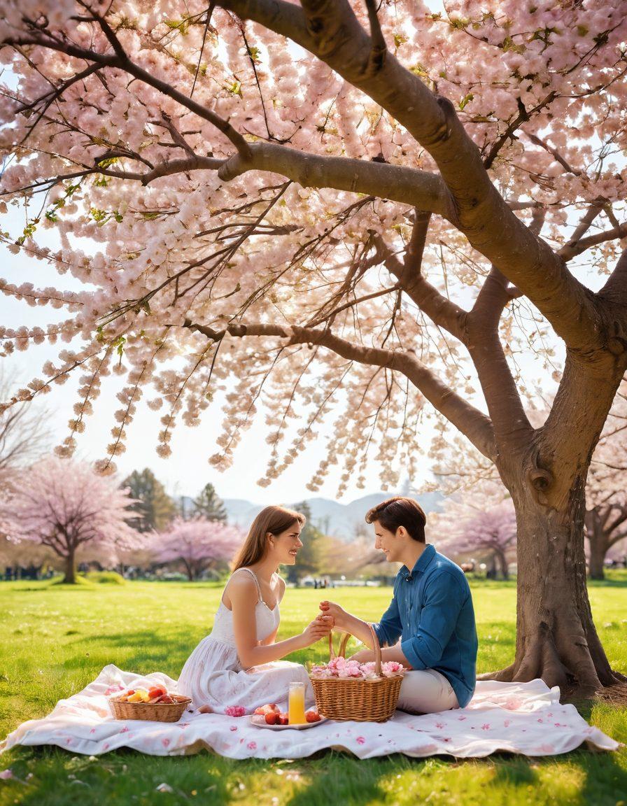 A warm and inviting scene of two people sharing an intimate picnic under a blooming cherry blossom tree, surrounded by colorful flowers and soft sunlight filtering through the branches. Include elements of affection, such as hand-holding and smiles, to emphasize togetherness. The background should have a dreamy ambiance, with fluttering butterflies and a gentle breeze. pastel colors. soft focus.