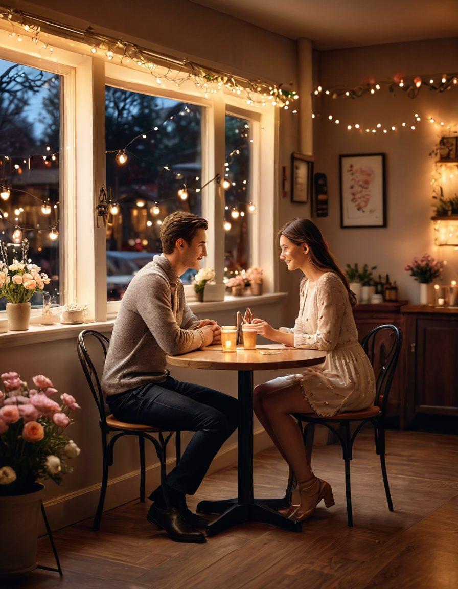 A cozy, intimate scene featuring a couple sharing a heartfelt moment in a softly lit café. The atmosphere is infused with warmth, adorned with delicate fairy lights and heart-shaped decorations. Show them holding hands, gazing into each other's eyes, surrounded by love notes and blooming flowers on the table. Capture the essence of romance and connection. super-realistic. warm colors. soft focus.