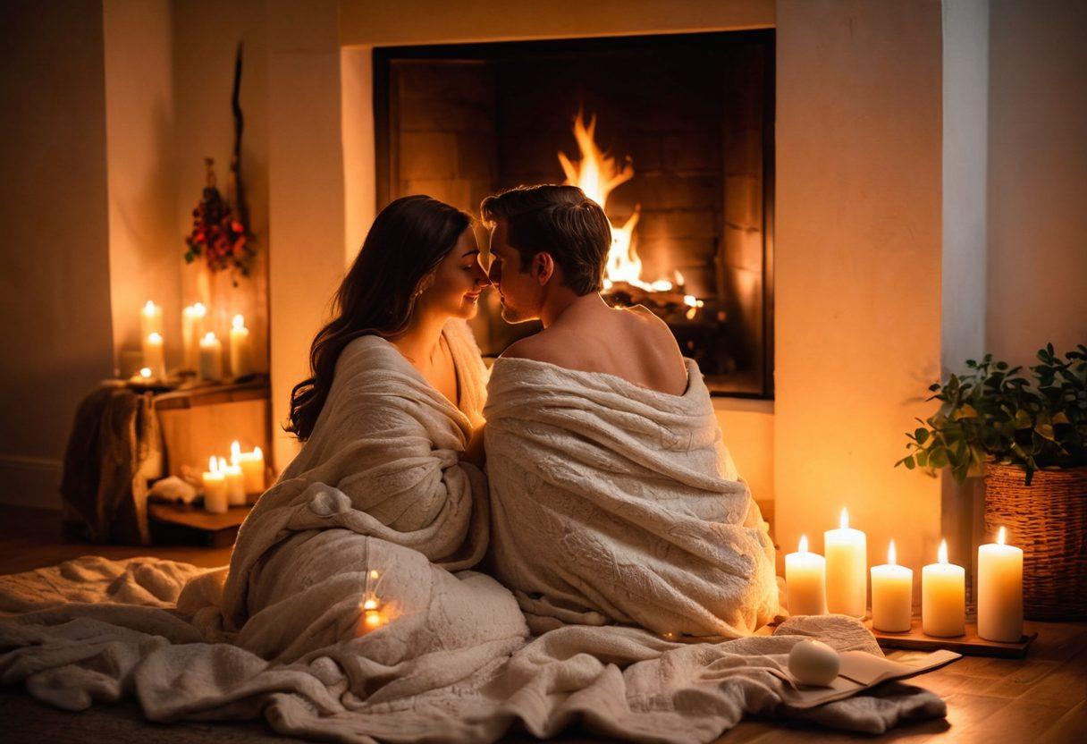 A warm and intimate scene of a couple sitting together by a fireplace, sharing an affectionate glance and holding hands. Surrounding them are soft glowing candles and photos of memorable moments between them, symbolizing their shared journey. A cozy blanket drapes over them, hinting at warmth and comfort in their relationship. The atmosphere is filled with love and tranquility, creating a sense of deep connection. romantic atmosphere. soft lighting. painting.